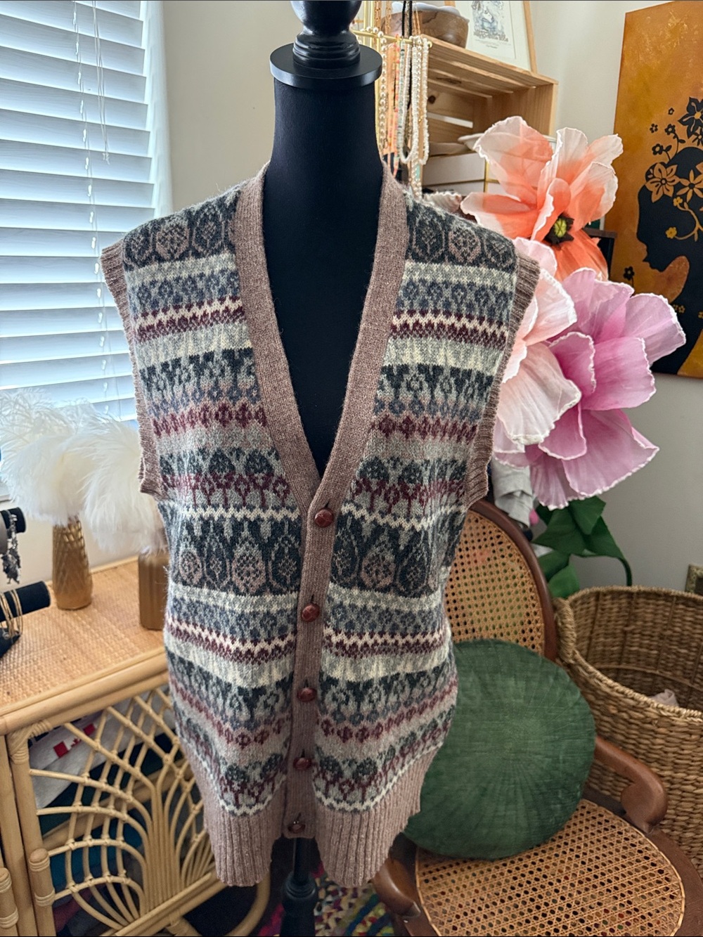 Vintage 80s/90s St. Edmonds Fair Isle Shetland Wool Button Up Knit Sweater Vest
